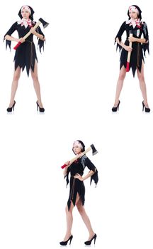 Young beautiful nun with hatchet isolated on white