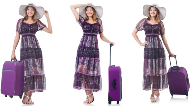 Young woman with suitcase isolated on white 