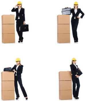 Woman builder with box isolated on white 