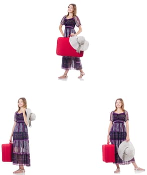 Young woman with suitcase isolated on white 