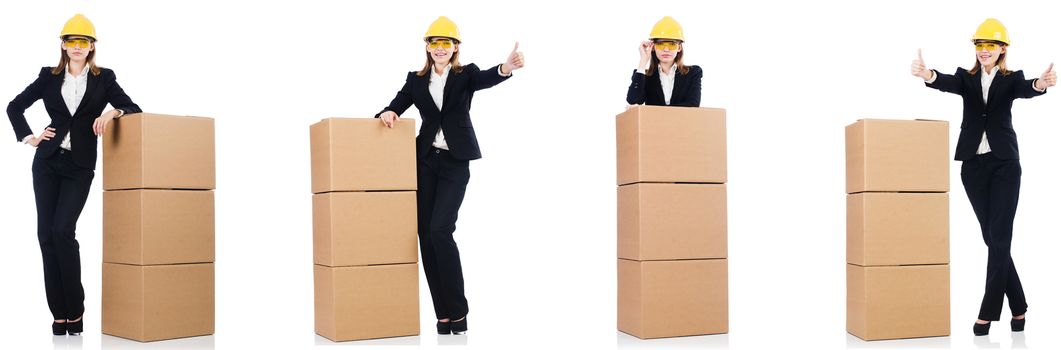 Woman builder with box isolated on white 