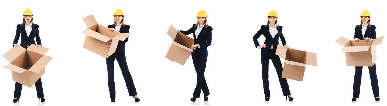 Woman builder with box isolated on white 
