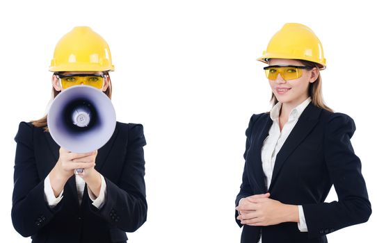 Female builder with megaphone isolated on white 