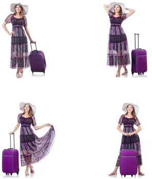 Young woman with suitcase isolated on white 