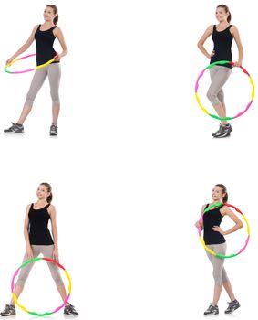 Young woman with hula hoop isolated on white 
