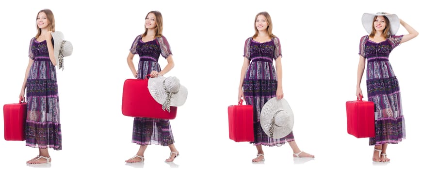 Young woman with suitcase isolated on white 