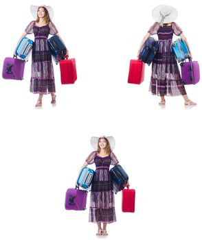 Young woman with suitcases isolated on white