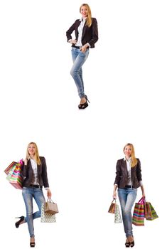 Beautiful woman with shopping bags isolated on white
