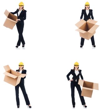 Woman builder with box isolated on white 