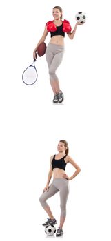Young woman with football, rugby ball, boxing gloves and tennis racquet 