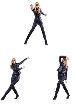 Dancing woman in black leather costume