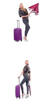 Young beautiful woman with suitcase and umbrella isolated on white 