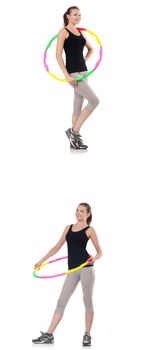 Young woman with hula hoop isolated on white 