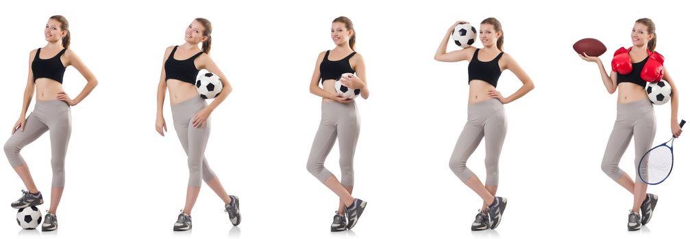 Young woman with football, rugby ball, boxing gloves and tennis racquet 