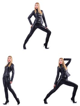 Dancing woman in black leather costume