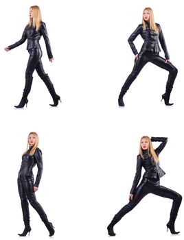 Dancing woman in black leather costume
