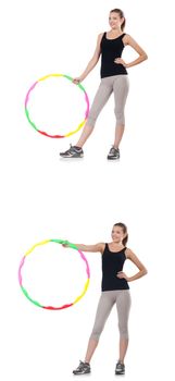 Young woman with hula hoop isolated on white 