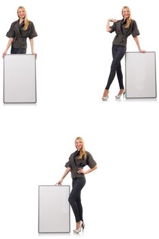 Young beautiful woman with whiteboard isolated on white 