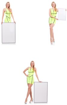 Beautiful woman holding whiteboard isolated on white 