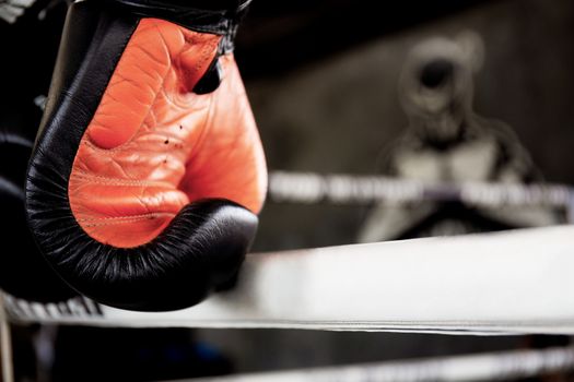 Boxing gloves hanging on rope of the boxing ring.