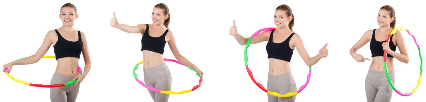 Young woman with hula hoop isolated on white 
