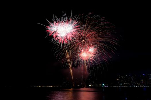 Fireworks on the sky at sea with beautiful.