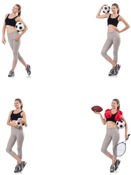 Young woman with football, rugby ball, boxing gloves and tennis racquet 