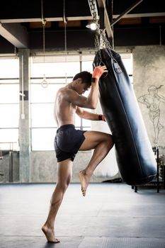 Boxers are training their knees with punching bag at the boxing stadium.