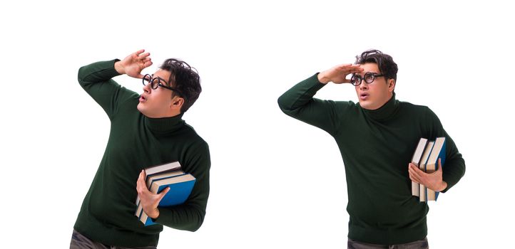 Nerd young student with books isolated on white