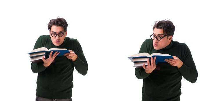 Nerd young student with books isolated on white