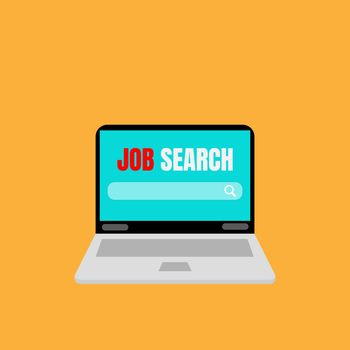 Job search concept. Laptop with red job and white search on screen and orange background.