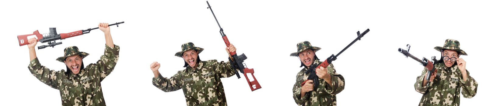 Soldier with weapons isolated on white