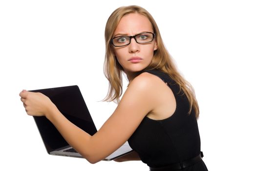 Woman with laptop isolated on white 