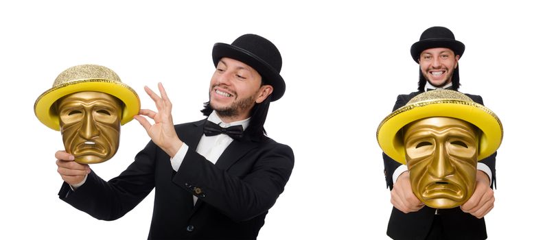Man with theater mask isolated on white