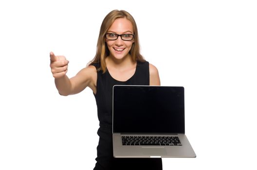 Woman with laptop isolated on white 