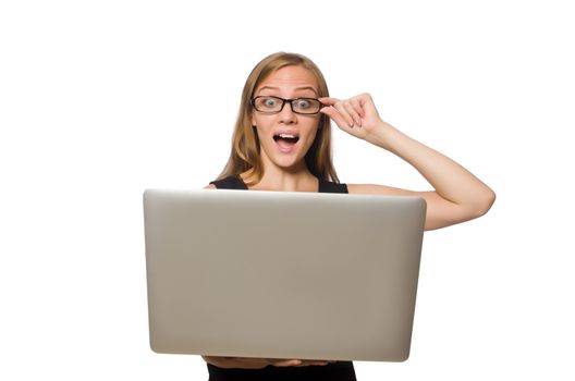 Woman with laptop isolated on white 