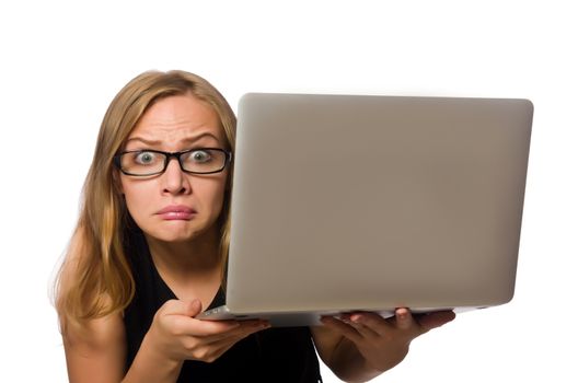Woman with laptop isolated on white 