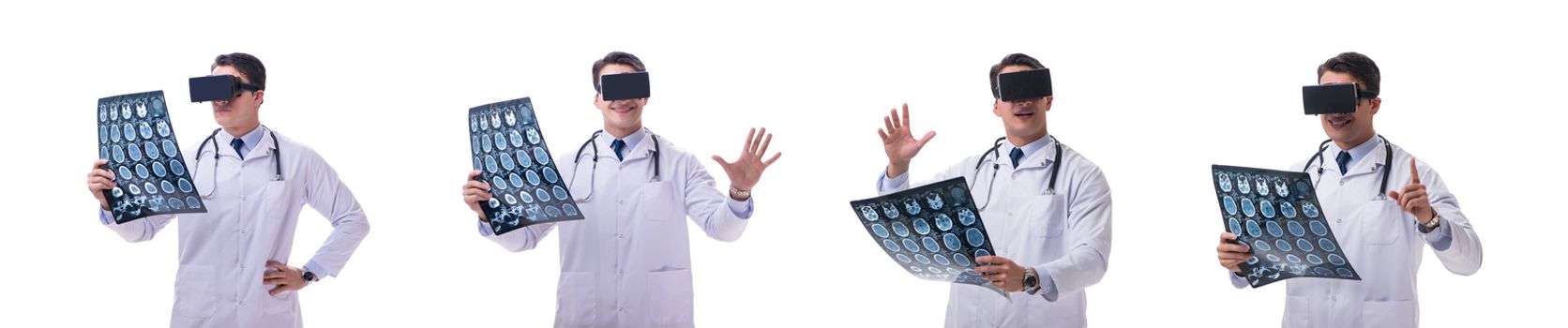 Doctor wearing a vr virtual reality headset isolated on white background