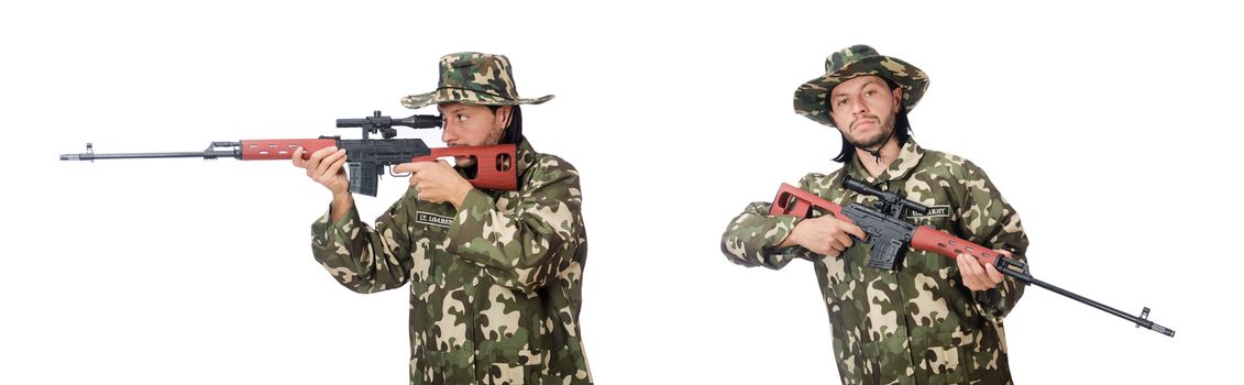 Soldier with weapons isolated on white