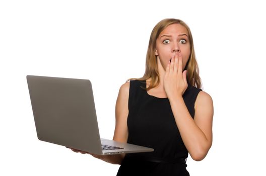 Woman with laptop isolated on white 
