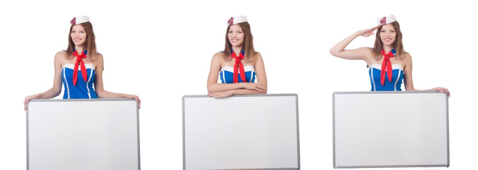 Young woman with blank board on white