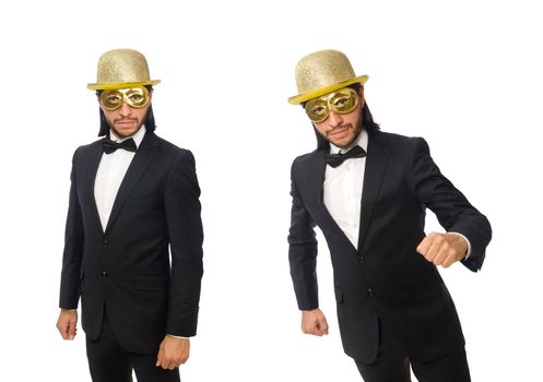 Funny man wearing mask isolated on white