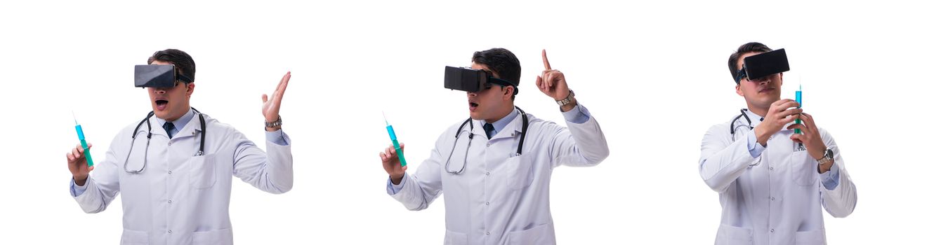 Doctor wearing a vr virtual reality headset isolated on white background