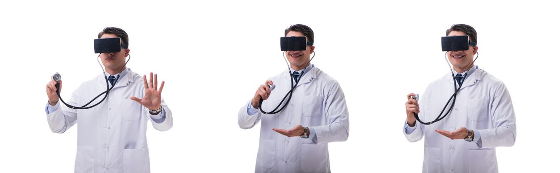 Doctor wearing a vr virtual reality headset isolated on white background