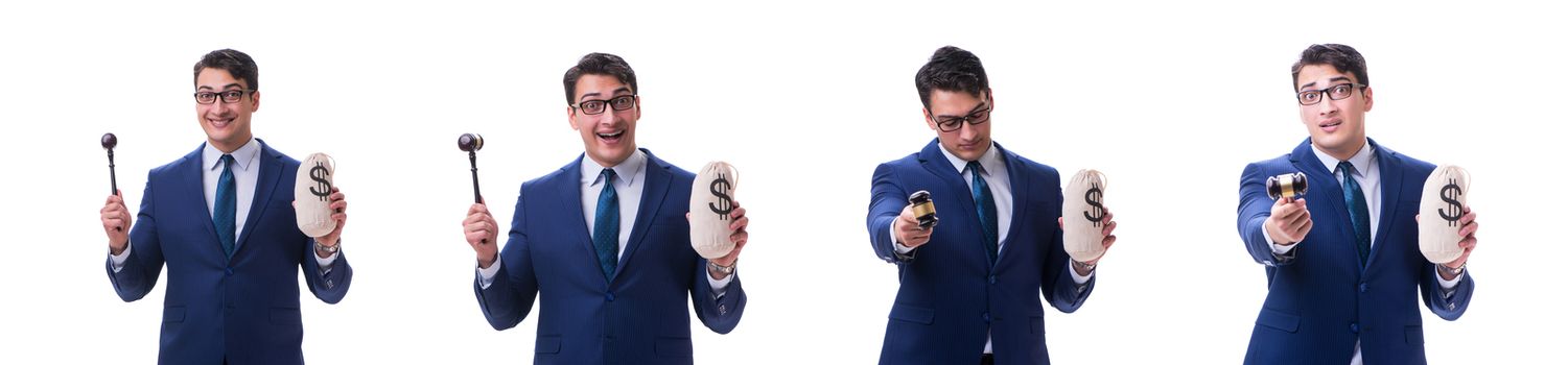 Lawyer with a gavel and a moneybag money bad isolated on white