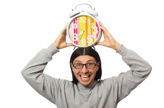 Funny man waking up in the morning on white