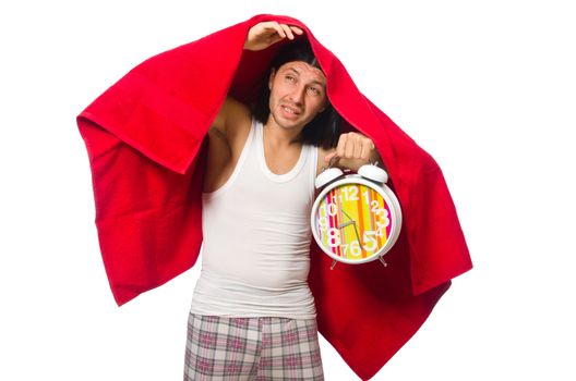 Funny man waking up in the morning on white