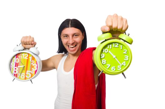 Funny man waking up in the morning on white