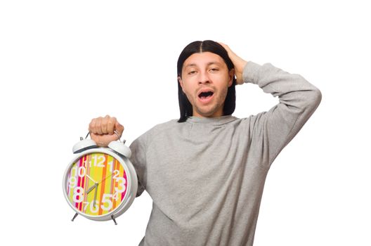 Funny man waking up in the morning on white
