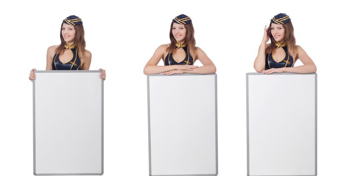 Young woman with blank board on white